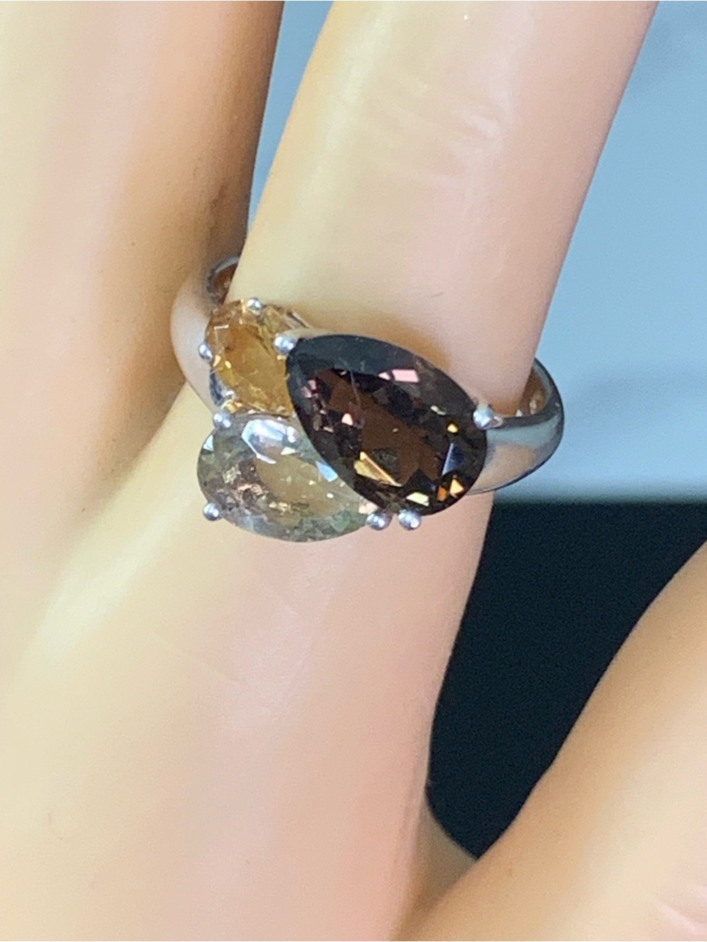Radiant 925 Silver Cluster Ring - Genuine Smokey Quartz, Citrine & Lemon Quartz